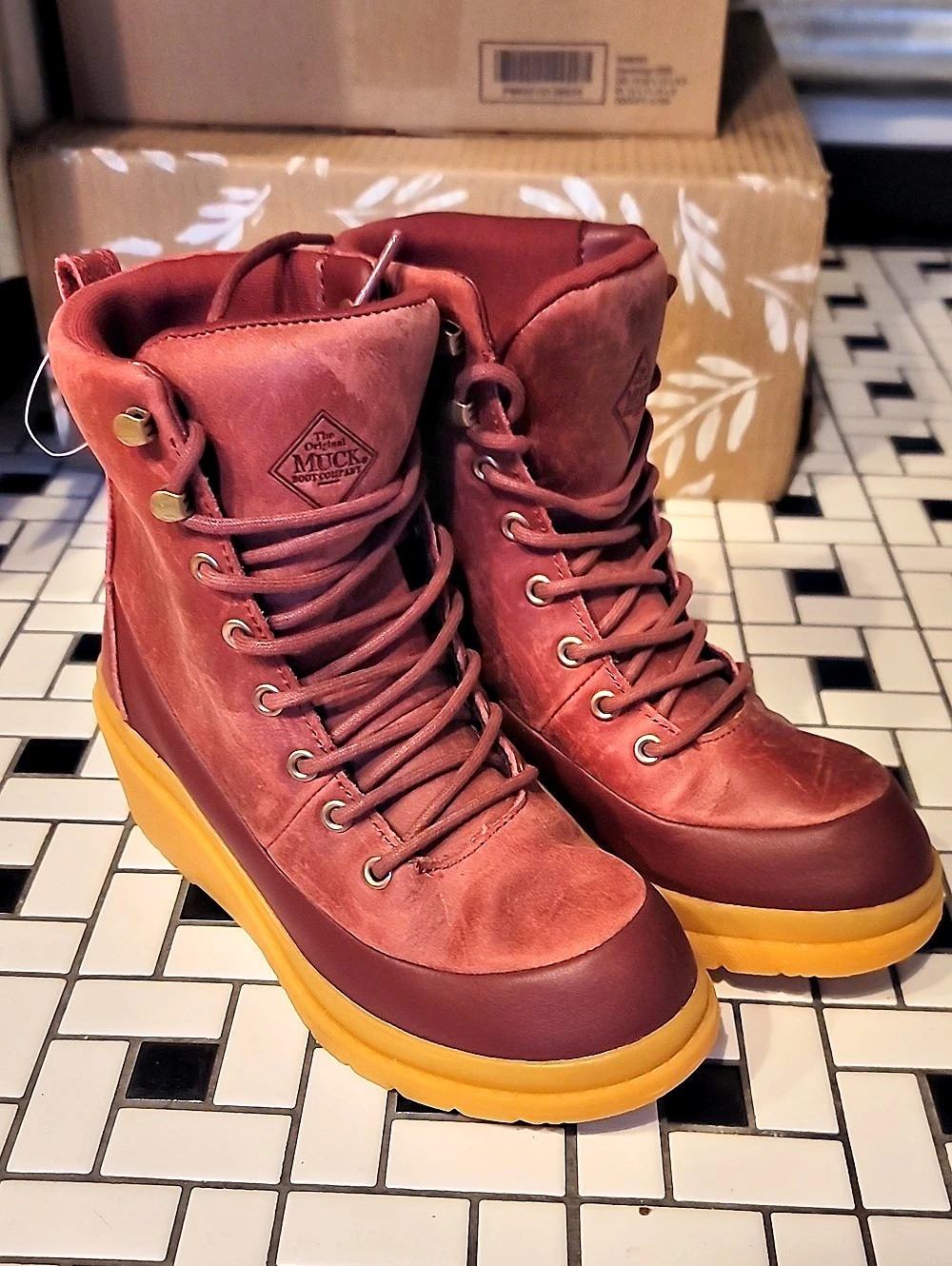 Muck Wedge Lace-Up Boots in Red & Yellow NWT